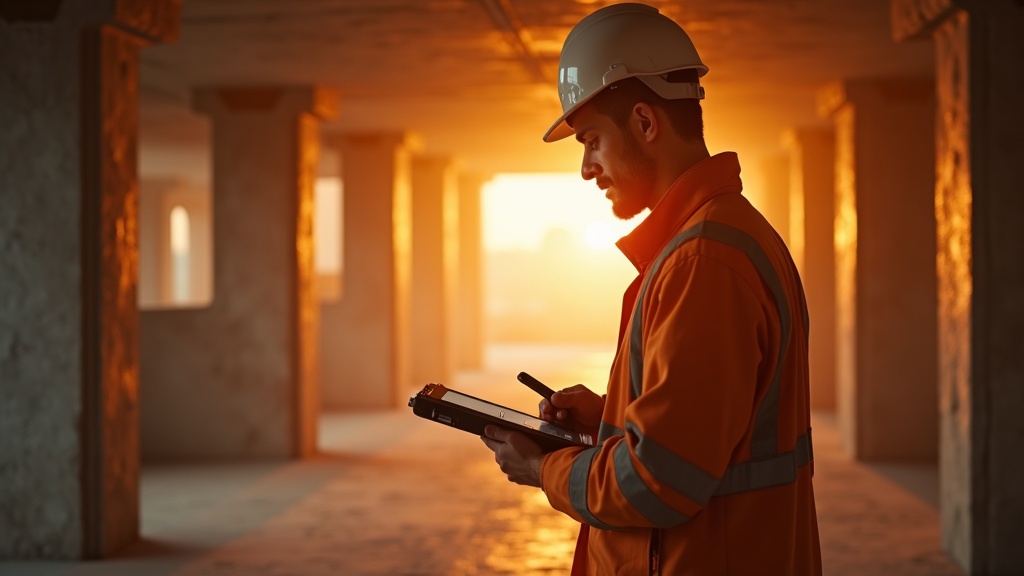 Warm-industrielle Baudokumentations-Szene mit Betonstruktur und Amberlicht